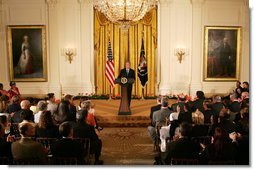 President George W. Bush delivers remarks on National Volunteer Week Tuesday, April 29, 2008, in the East Room of the White House. President Bush delivered remarks to invited guests including, 33 Peace Corps Trainees, 64 Peace Corps Country Directors, and approximately 100 volunteers from organizations such as Camp Fire USA, Jumpstart, N Street Village, AmeriCorps NCCC, AmeriCorps Vista, Hope Worldwide, Orange County Rescue Mission, and Partners of the Americas. White House photo by Joyce N. Boghosian