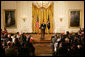 President George W. Bush delivers remarks on National Volunteer Week Tuesday, April 29, 2008, in the East Room of the White House. President Bush delivered remarks to invited guests including, 33 Peace Corps Trainees, 64 Peace Corps Country Directors, and approximately 100 volunteers from organizations such as Camp Fire USA, Jumpstart, N Street Village, AmeriCorps NCCC, AmeriCorps Vista, Hope Worldwide, Orange County Rescue Mission, and Partners of the Americas. White House photo by Joyce N. Boghosian