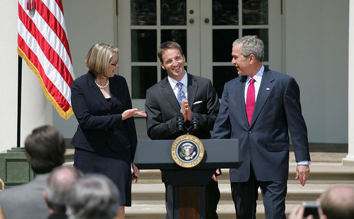 Mike Geisen, the 2008 National Teacher of the Year, is flanked by President George W. Bush and Secretary of Education Margaret Spellings as they welcome him to the Rose Garden Wednesday, April 30, 2008. The 35-year-old, 7th-grade teacher from Crook County Middle School in Prineville, Ore., was chosen from 56 nominees, including the four U.S. territories, the District of Columbia and the Department of Defense Education Activity. White House photo by Shealah Craighead