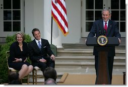 Secretary of Education Margaret Spellings and Mike Geisen, the 2008 National Teacher of the Year, break out in laughter as President George W. Bush delivers remarks during ceremonies in the Rose Garden Wednesday, April 30, 2008, honoring the country's top educators. White House photo by Shealah Craighead