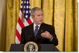 President George W. Bush delivers remarks on the 57th anniversary of the National Day of Prayer Thursday, May 1, 2008, in the East Room of the White House. Said the President, "On this day, Americans come together to thank our Creator for our nation's many blessings. We are a blessed nation. And on this day, we celebrate our freedoms, particularly the freedom to pray in public and the great diversity of faith found in America. I love being the President of a country where people feel free to worship as they see fit. And I remind our fellow citizens, if you choose to worship or not worship, and no matter how you worship, we're all equally Americans."  White House photo by Joyce N. Boghosian