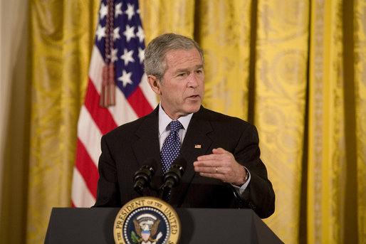 President George W. Bush delivers remarks on the 57th anniversary of the National Day of Prayer Thursday, May 1, 2008, in the East Room of the White House. Said the President, "On this day, Americans come together to thank our Creator for our nation's many blessings. We are a blessed nation. And on this day, we celebrate our freedoms, particularly the freedom to pray in public and the great diversity of faith found in America. I love being the President of a country where people feel free to worship as they see fit. And I remind our fellow citizens, if you choose to worship or not worship, and no matter how you worship, we're all equally Americans." White House photo by Joyce N. Boghosian