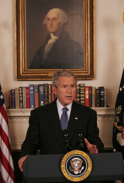 President George W. Bush addresses reporters Thursday, May 1, 2008 in White House Diplomatic Reception Room, to ask Congress to provide an additional $770 million to support food aid and development programs. The $770 million would be in addition to the $200 million in emergency food aid announced by the White House two weeks ago to be available through a program at the U.S. Agricultural Department called the Emerson Trust. White House photo by Joyce N. Boghosian