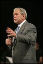 President George W. Bush gestures as he addresses his remarks on the economy Friday, May 2, 2008, during his visit to World Wide Technology, Inc. in Maryland Heights, Mo. White House photo by Chris Greenberg