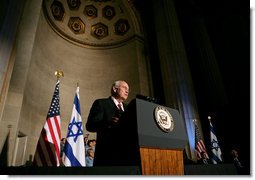 Vice President Dick Cheney delivers remarks, Thursday, May 8, 2008, at a reception celebrating the 60th anniversary of the founding of the state of Israel, hosted by the Israeli Embassy at the Andrew Mellon Auditorium in Washington, D.C. White House photo by David Bohrer