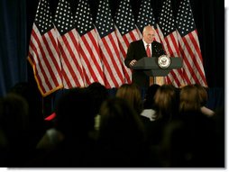 Vice President Dick Cheney addresses employees of the Philadelphia Regional Financial Center Thursday, May 8, 2008, following a tour of the facility in Philadelphia. "It's a great day for the American people," said the Vice President. "Well over seven million Americans have already received their rebates by electronic deposit. And starting today, at this facility, the checks will start printing at the rate of a thousand every minute.the President and I appreciate all the hard work that you put in to make it possible." White House photo by David Bohrer