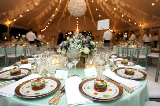 The table setting for Henry and Jenna Hager is shown prior to their wedding reception Saturday, May 10, 2008, at Prairie Chapel Ranch. White House photo by Shealah Craighead