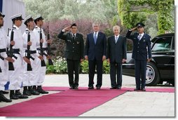 President George W. Bush and Israel’s President Shimon Peres stand on the red carpet before walking through an honor guard Wednesday, May 14, 2008, at the President’s Residence in Jerusalem. The two leaders met shortly after the late morning arrival by President Bush and Mrs. Laura Bush. White House photo by Chris Greenberg