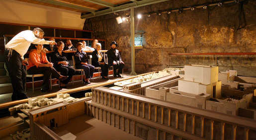 Mrs. Laura Bush and Mrs. Aliza Olmert participate in a tour of the Western Wall Tunnels Wednesday, May 14, 2008, in Jerusalem. White House photo by Shealah Craighead