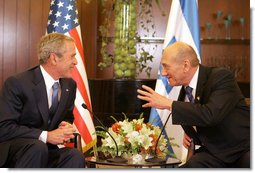 President George W. Bush and Israel's Prime Minister Ehud Olmert meet Wednesday, May 14, 2008, at the Prime Minister's residence in Jerusalem. White House photo by Joyce N. Boghosian