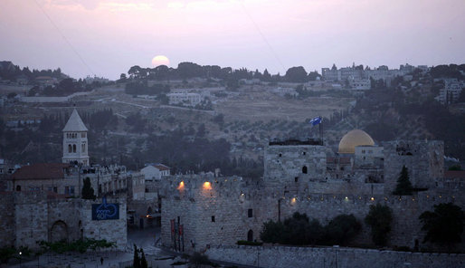 The sun rises Thursday, May 15, 2008, over the Old City of Jerusalem in this view taken from the King David Hotel. White House photo by Shealah Craighead