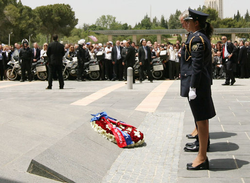 President George W. Bush participates in a wreath-laying ceremony during his visit Thursday, May 15, 2008, to the Knesset in Jerusalem. White House photo by Shealah Craighead