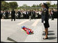 President George W. Bush participates in a wreath-laying ceremony during his visit Thursday, May 15, 2008, to the Knesset in Jerusalem. White House photo by Shealah Craighead