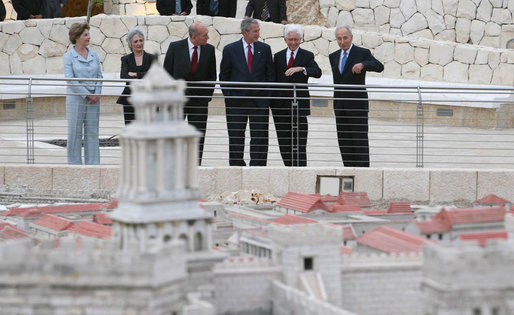 President George W. Bush and Laura Bush are shown a large model of the city of Jerusalem, Thursday, May 15, 2008 at The Israel Museum in Jerusalem, prior attending a reception and dinner at the museum. President and Mrs. Bush are joined by Prime Minister Ehud Olmert and his wife, Aliza Olmert, left, and Israeli President Shimon Peres, right. White House photo by Joyce N. Boghosian