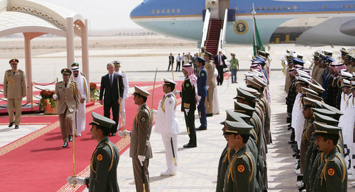 President George W. Bush and King Abdullah bin Abdulaziz review the troops during the arrival ceremonies Friday, May 16, 2008, for the President and Mrs. Laura Bush in Riyadh. White House photo by Chris Greenberg