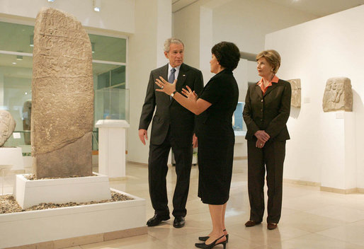 Amanda Weiss, Director of Bible Lands Museum Jerusalem, leads President George W. Bush and Mrs. Laura Bush on a tour of the museum Friday, May 16, 2008. Founded by the late Dr. Elie Borowski, the museum fulfills his goal to assemble as many objects from the biblical period as could be found in order to create an institution of learning – a unique resource of universal stature where people of all faiths would come to learn about biblical history and return to the morals and ethics of the Bible. White House photo by Joyce N. Boghosian