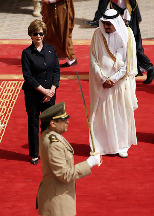 Mrs. Laura Bush and President Bush are greeted by Saudi delegation members during arrival ceremonies Friday, May 16, 2008, at Riyadh-King Khaled International Airport in Riyadh. White House photo by Shealah Craighead