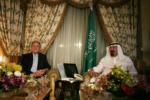 President George W. Bush and the King of Saudi Arabia Abdullah bin Abdulaziz sit for tea prior to dinner, Friday May 16, 2008, in the King's Villa at his Al Janadriyah Ranch in Saudi Arabia. White House photo by Joyce N. Boghosian