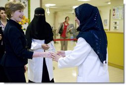 Mrs. Laura Bush meets medical personnel Friday, May 16, 2008, during her tour of the King Fahd Medical City facility in Riyadh, Saudi Arabia, where she discussed the success and progress of the U.S.-Saudi Partnership for Breast Cancer Awareness and Research. White House photo by Shealah Craighead