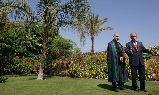 President George W. Bush is joined by Afghanistan President Hamid Karzai Saturday, May 17, 2008, as they speak with members of the media following their meeting in Sharm el Sheikh, Egypt. White House photo by Chris Greenberg