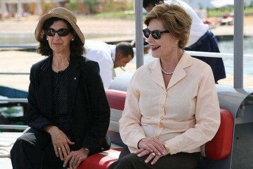 Mrs. Laura Bush sits with Ms. Hilda Arellano, USAID Cairo Mission Director, as they prepare to launch out on a Challenger Boat Tour Saturday, May 17, 2008, off the coast of Sharm el Sheikh, Egypt. White House photo by Shealah Craighead