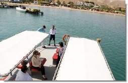 Mrs. Laura Bush is seen as she prepares to leave on the Challenger Boat Tour Saturday, May 17, 2008, off the coast of Sharm El Sheikh, Egypt. White House photo by Shealah Craighead