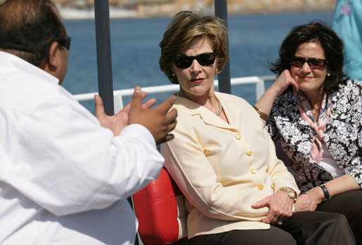 Mrs. Laura Bush and Mrs. Anita McBride, Assistant to the President and Chief of Staff to the First Lady, listen to Mr. Amir Ali, Hurghada Environmental Protection and Conservation Association, as they head out for a coral reefs and ocean conservation tour Saturday, May 17, 2008, in Sharm el Sheikh, Egypt. White House photo by Shealah Craighead