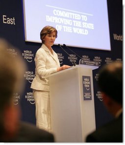 Mrs. Laura Bush speaks at the Egyptian Education Initiative meeting Sunday, May 18, 2008, at the World Economic Forum – International Congress Centre in Sharm El Sheikh, Egypt. Mrs. Bush told her audience, "Advances in technology and global communication are opening new markets and expanding opportunities for people around the world. The Egyptian Education Initiative recognizes that improved education is the key to taking advantage of these opportunities." White House photo by Shealah Craighead