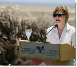 Mrs. Laura Bush delivers remarks on U.S.-Middle East Partnership for Breast Cancer Awareness and Research Sunday, May 18, 2008, at the Grand Rotana Resort in Sharm El Sheikh, Egypt. Said Mrs. Bush, "The new U.S.-Middle East Partnership for Breast Cancer Awareness and Research is helping us pass on what we've learned so that more women who are diagnosed with breast cancer in the early stages when the survival chances are greatest." White House photo by Shealah Craighead