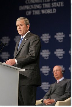 President George W. Bush speaks before the World Economic Forum on the Middle East Sunday, May 18, 2008, in Sharm El Sheikh, Egypt. The President told his audience, "I know these are trying times, but the future is in your hands –- and freedom and peace are within your grasp." White House photo by Chris Greenberg