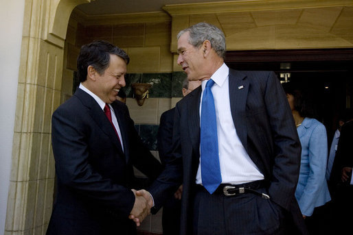 President George W. Bush shakes hands with Jordan's King Abdullah II at the conclusion of their meeting Sunday, May 18, 2008, in Sharm El Sheikh, Egypt. White House photo by Joyce N. Boghosian