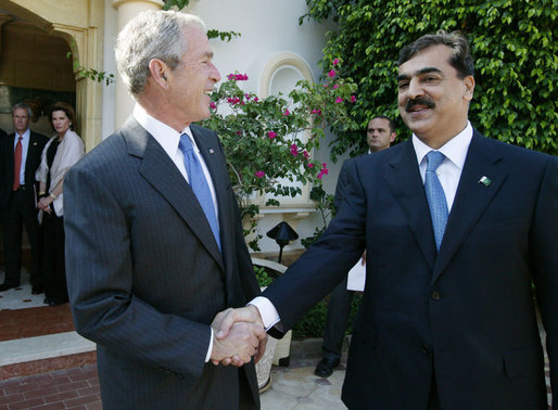 President George W. Bush and the Pakistan Prime Minister Yousaf Raza Gilani shake hands following their meeting Sunday, May 18, 2008, in Sharm El Sheikh, Egypt. White House photo by Joyce N. Boghosian