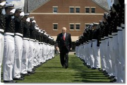 Vice President Dick Cheney walks through an honor cordon of U.S. Coast Guard cadets, Wednesday, May 21, 2008, upon his arrival to the U.S. Coast Guard Academy commencement ceremony in New London, Conn. White House photo by David Bohrer