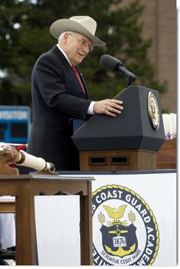 Vice President Dick Cheney addresses graduates of the U.S. Coast Guard Academy, Wednesday, May 21, 2008, during commencement ceremonies in New London, Conn. "Today you're the same men and women you were four years ago -- only better," said the Vice President. "With you in the officer corps, it'll be the same Coast Guard -- only better. So this day of your commissioning is more than a memorable day in your own life -- it's a great day for the Coast Guard, and for the United States of America." White House photo by David Bohrer