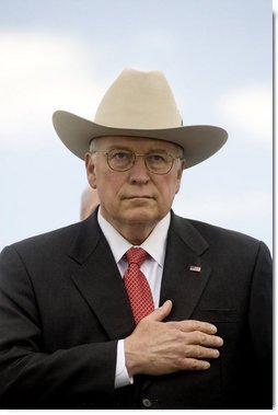 Vice President Dick Cheney stands with hand over heart for the playing of the national anthem, Wednesday, May 21, 2008, during the U.S. Coast Guard Academy commencement ceremony in New London, Conn. White House photo by David Bohrer