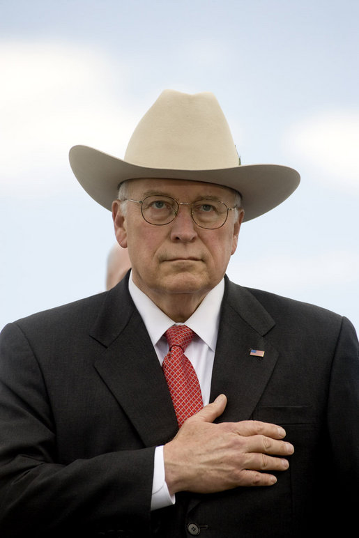 Vice President Dick Cheney stands with hand over heart for the playing of the national anthem, Wednesday, May 21, 2008, during the U.S. Coast Guard Academy commencement ceremony in New London, Conn. White House photo by David Bohrer