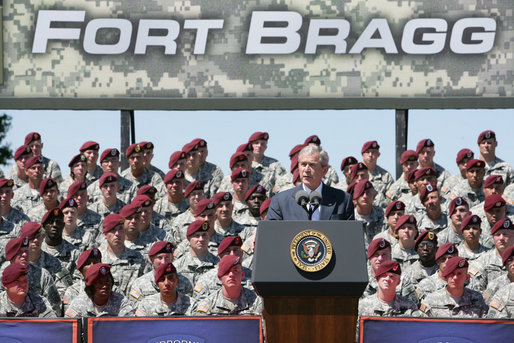 President George W. Bush addresses his remarks at the 82nd Airborne Division Review, Thursday, May 22, 2008, in Fort Bragg, N.C. White House photo by Chris Greenberg