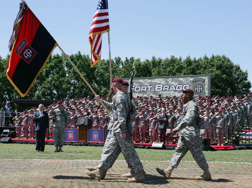 President George W. Bush joins Maj. Gen. David Rodriguez at a review of troops ceremony of the U.S. Army's 82nd Airborne Division, Thursday, May 22, 2008, at Fort Bragg, N.C. White House photo by Chris Greenberg