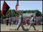 President George W. Bush joins Maj. Gen. David Rodriguez at a review of troops ceremony of the U.S. Army's 82nd Airborne Division, Thursday, May 22, 2008, at Fort Bragg, N.C. White House photo by Chris Greenberg