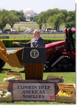 President George W. Bush delivers remarks in recognition of World Trade Week Friday, May 23, 2008, on the South Lawn of the White House. President Bush is seen with an array of products manufactured or grown in the United States. White House photo by Joyce N. Boghosian