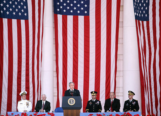 President George W. Bush delivers remarks during a Memorial Day commemoration ceremony Monday, May 26, 2008, at Arlington National Cemetery in Arlington, VA. "Here in Washington and across our country, we pay tribute to all who have fallen -- a tribute never equal to the debt they are owed. We will forever honor their memories." White House photo by Shealah Craighead