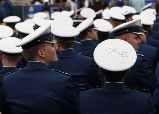 A graduate of the United States Air Force Academy carries the autograph of President George W. Bush atop his cap as he participates in commencement exercises Wednesday, May 28, 2008, for the Class of 2008 in Colorado Springs. It was the 50th class to graduate from the Academy. White House photo by Eric Draper