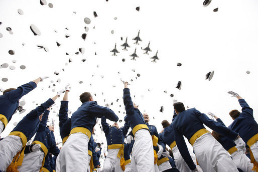 Graduates at the United States Air Force Academy toss their hats at the end of commencement ceremonies Wednesday, May 28, 2008, in Colorado Springs. White House photo by Eric Draper