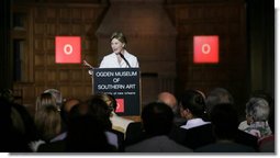  Mrs. Laura Bush speaks during the 2008 IMLS Grant Awardees during her visit to the Ogden Museum for Southern Art Friday, May 30, 2008, in New Orleans. The Institute of Museum and Library Services (IMLS) Grant provided financial assistance to seven museums on the Gulf Coast, the Southeastern Library Network, and other preservation causes in the region. White House photo by Shealah Craighead