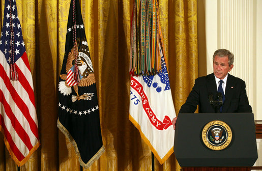 President George W. Bush delivers remarks during the presentation of the Congressional Medal of Honor posthumously to Private First Class Ross A. McGinnis, U.S. Army Monday, June 2, 2008, in the East Room of the White House. President Bush presented the Congressional Medal of Honor posthumously to his parents, Tom and Romayne McGinnis, of Knox, Pennsylvania. White House photo by Joyce N. Boghosian