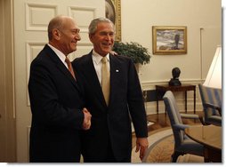 President George W. Bush welcomes Prime Minister Ehud Olmert of Israel to the Oval Office Wednesday, June 4, 2008. White House photo by Joyce N. Boghosian