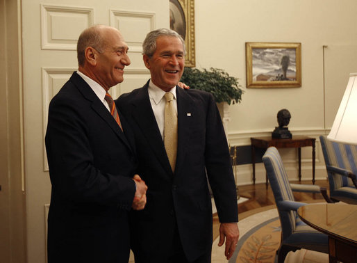 President George W. Bush welcomes Prime Minister Ehud Olmert of Israel to the Oval Office Wednesday, June 4, 2008. White House photo by Joyce N. Boghosian