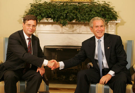 President George W. Bush meets with Prime Minister Jan Peter Balkenende of the Netherlands Thursday, June 5, 2008, during his visit to the Oval Office. The leaders spoke on a variety of issues, including HIV/AIDS in Africa, free trade and climate change. White House photo by Joyce N. Boghosian