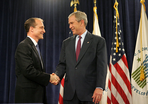 President George W. Bush congratulates Secretary of Housing and Urban Development Steve Preston, Friday, June 6, 2008, following the secretary's ceremonial swearing-in at the Department of Housing and Urban Development in Washington, D.C. White House photo by Joyce N. Boghosian