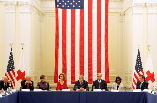 President George W. Bush delivers remarks during a drop-by meeting on the People's Republic of China Earthquake Relief Efforts Friday, June 6, 2008, at the American Red Cross National Headquarters. President Bush met with non-governmental organizations, faith-based groups, and business associations that have been involved in relief work in China in the wake of the recent earthquake. White House photo by Joyce N. Boghosian